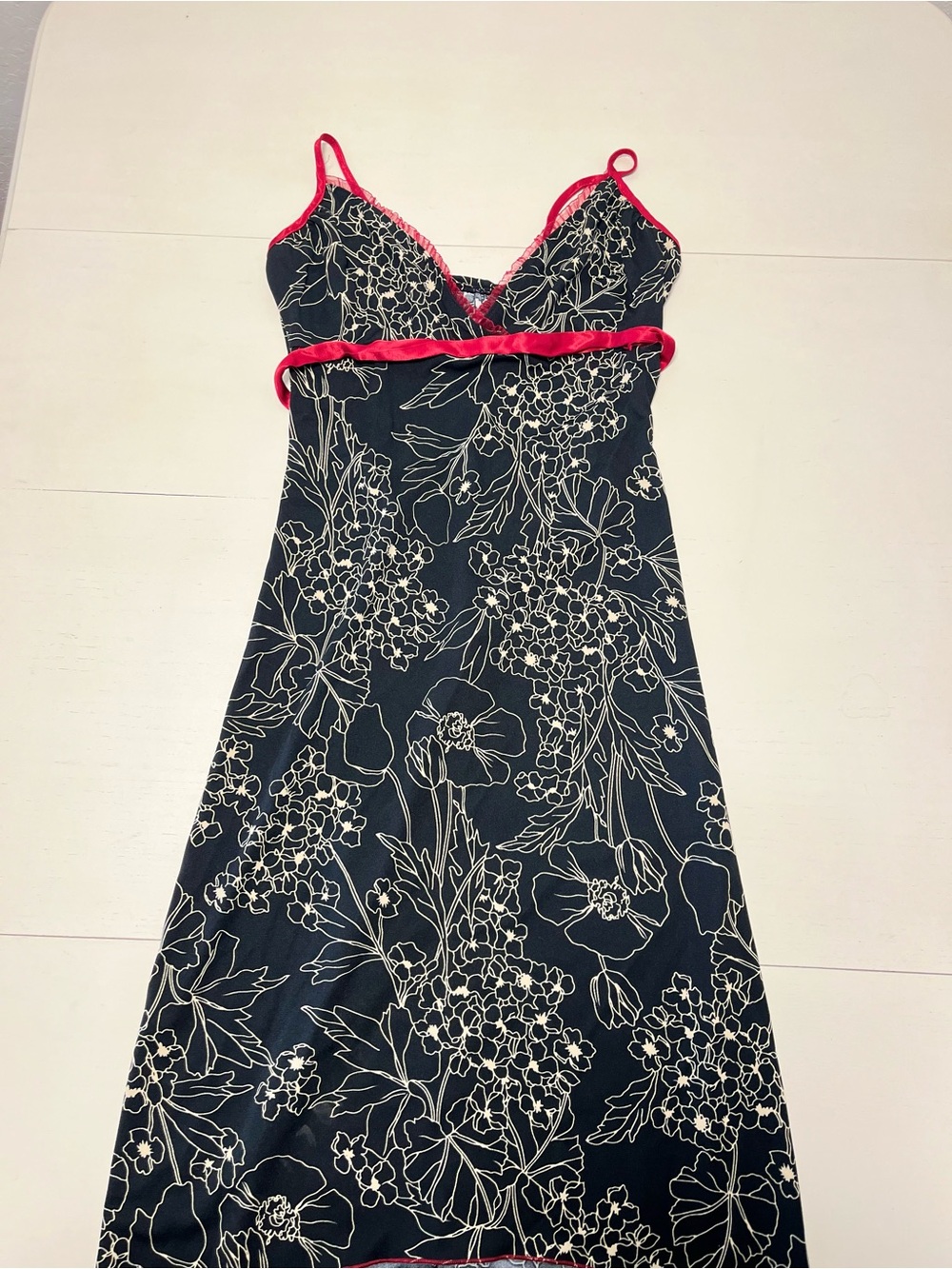 Vintage Charlotte Russe Navy Floral High-Low Midi Slip Dress with Red Trim